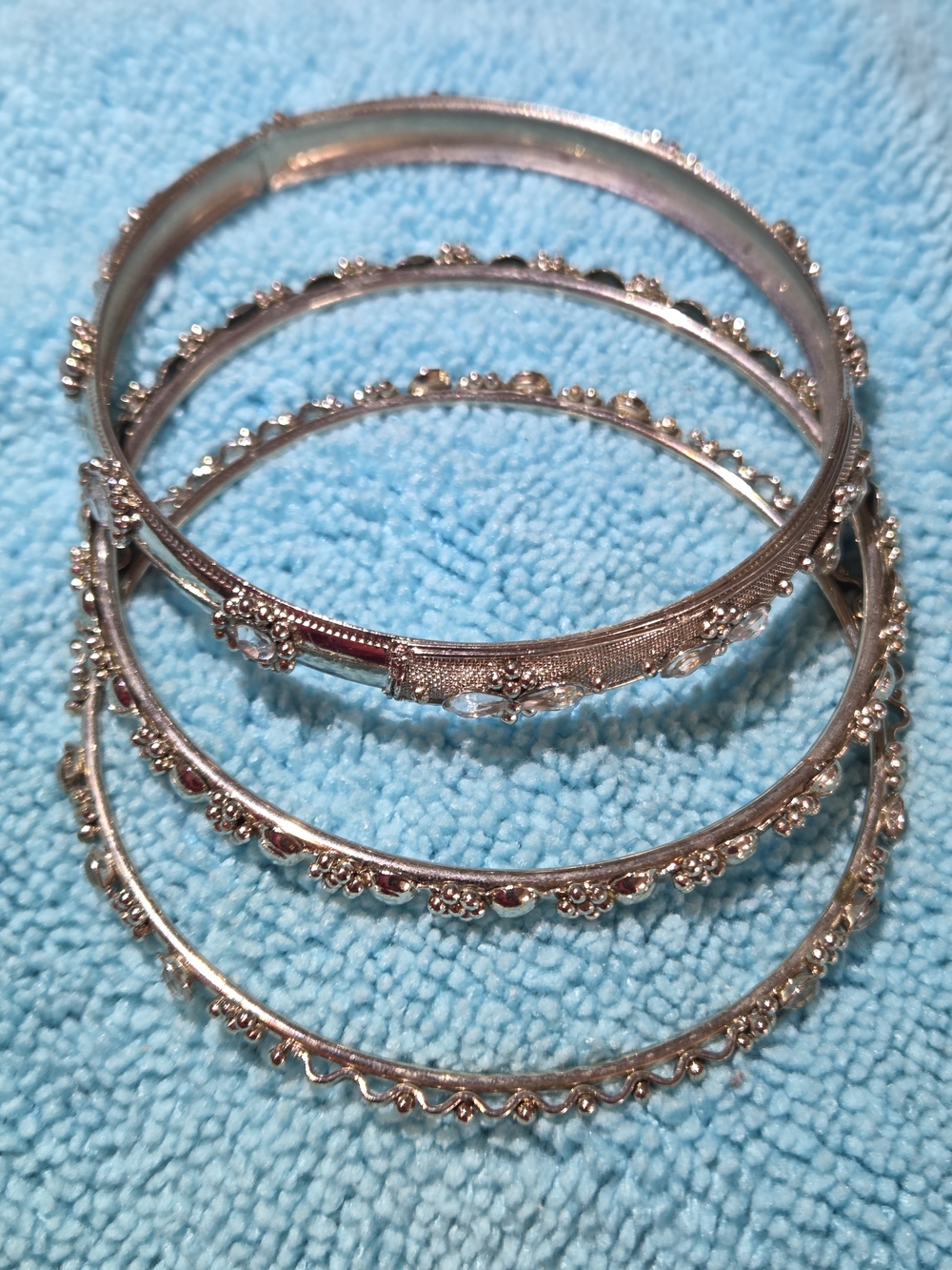 Vintage Silver Filigree Bangle Set - 3pc Ornate Boho Rhinestone Stack